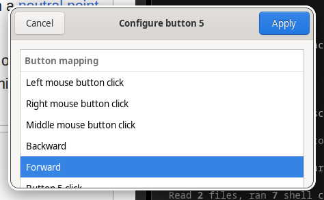 The Configure button dialog, showing the Button mapping section with rows for Left, Right, and Middle mouse button click, Backward, and Forward selected.