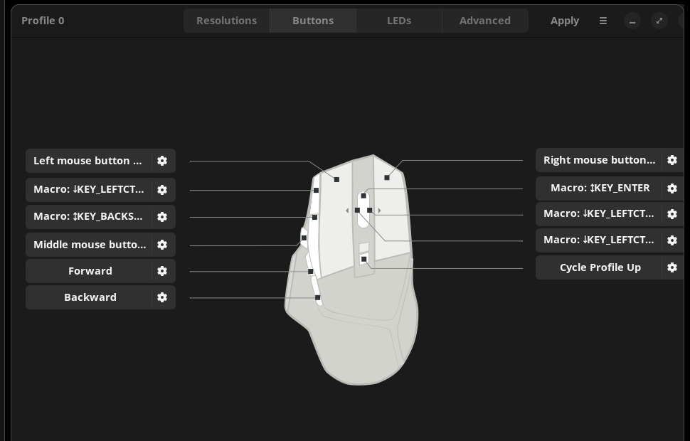 Piper+ main window showing the Buttons page for a Logitech G502 X PLUS, with the mouse illustration in the center and a list of button-to-macro mappings on each side.