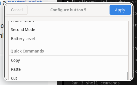 The Configure button dialog scrolled to the Quick Commands section, listing Copy, Paste, and Cut as one-click presets.